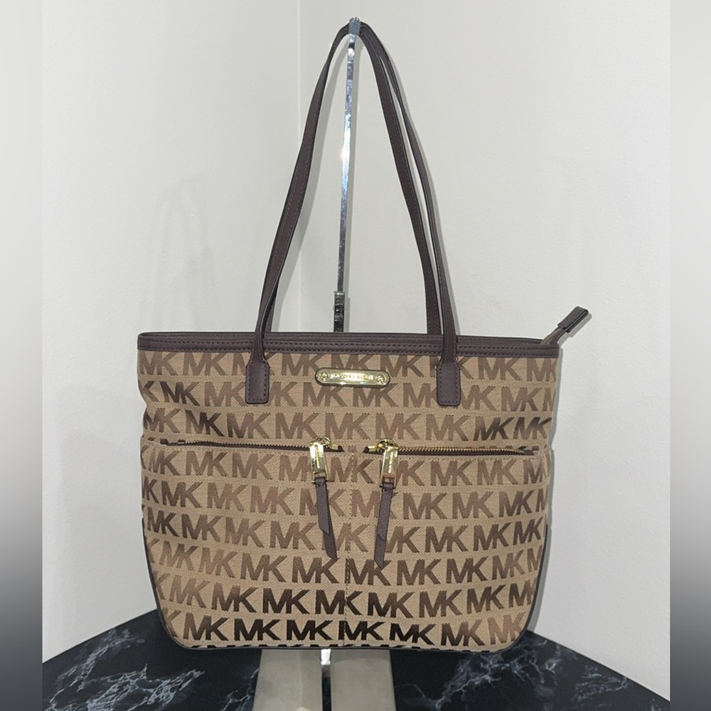 MICHAEL KORS Beige/Brown Signature Canvas Leather Kempton Tote Bag AUTHENTIC COA